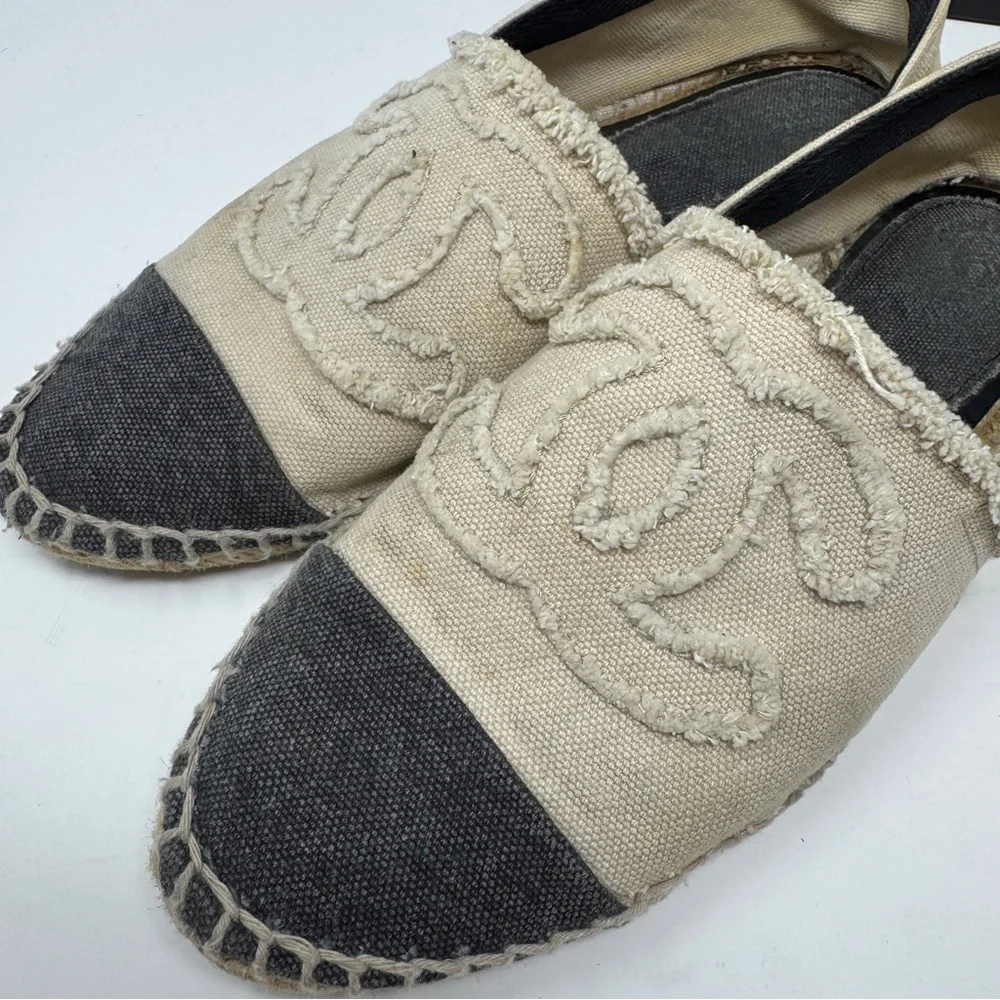 Chanel Beige and Black Canvas Interlocking CC Espadrille Flats